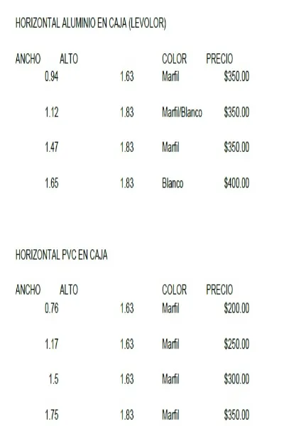 Precios Persiana horizontal aluminio y PVC